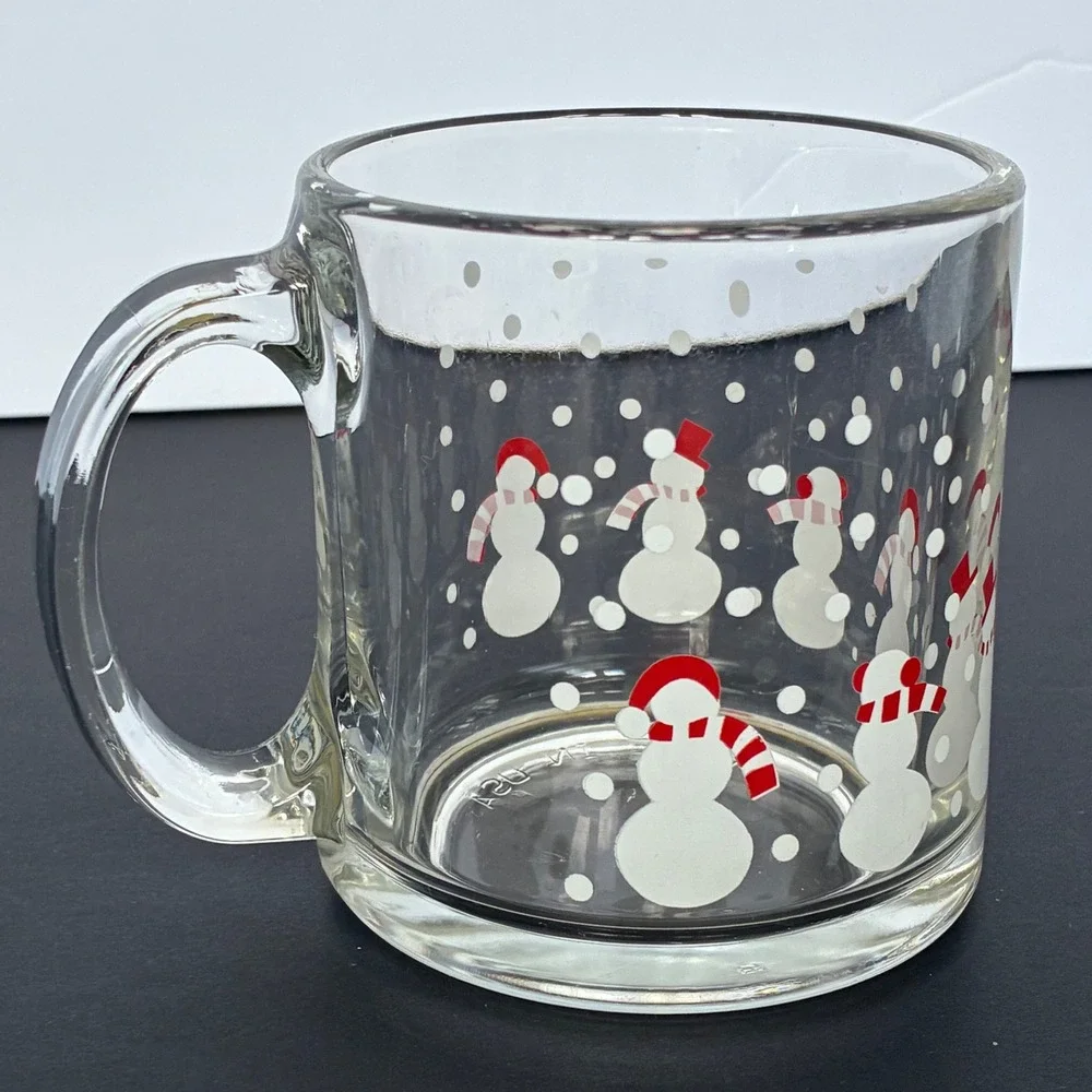 Crate and Barrel Glass Mug Snowman Holiday Vtg Xmas Winter Hot Cocoa Festive